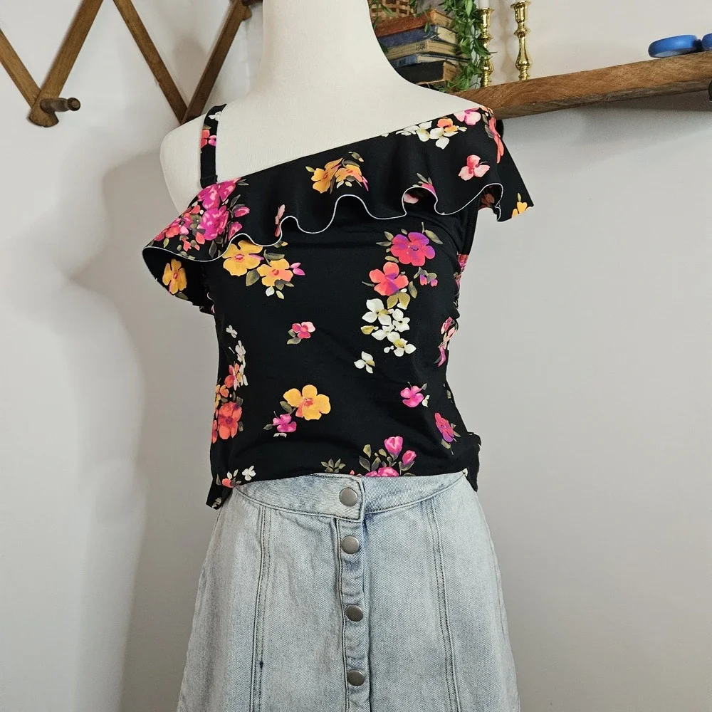 Lands End Womens One‎ Shoulder Ruffle Tankini Top  Size 8 Black Floral